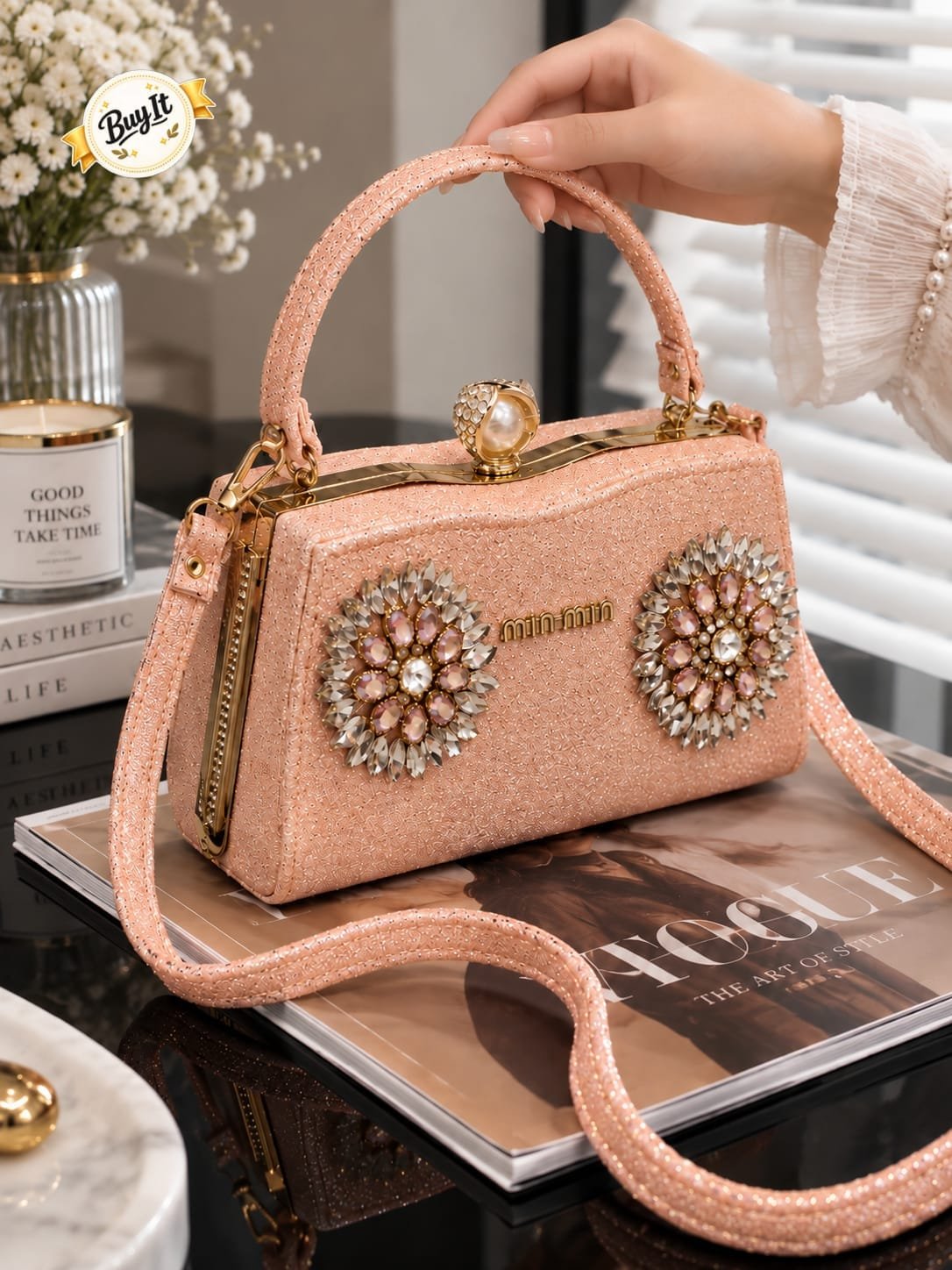 Dual Crystal Sunburst Shimmer Evening Frame Bag