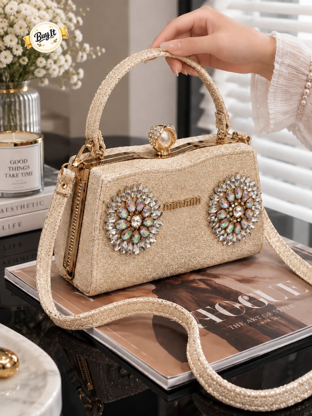 Dual Crystal Sunburst Shimmer Evening Frame Bag