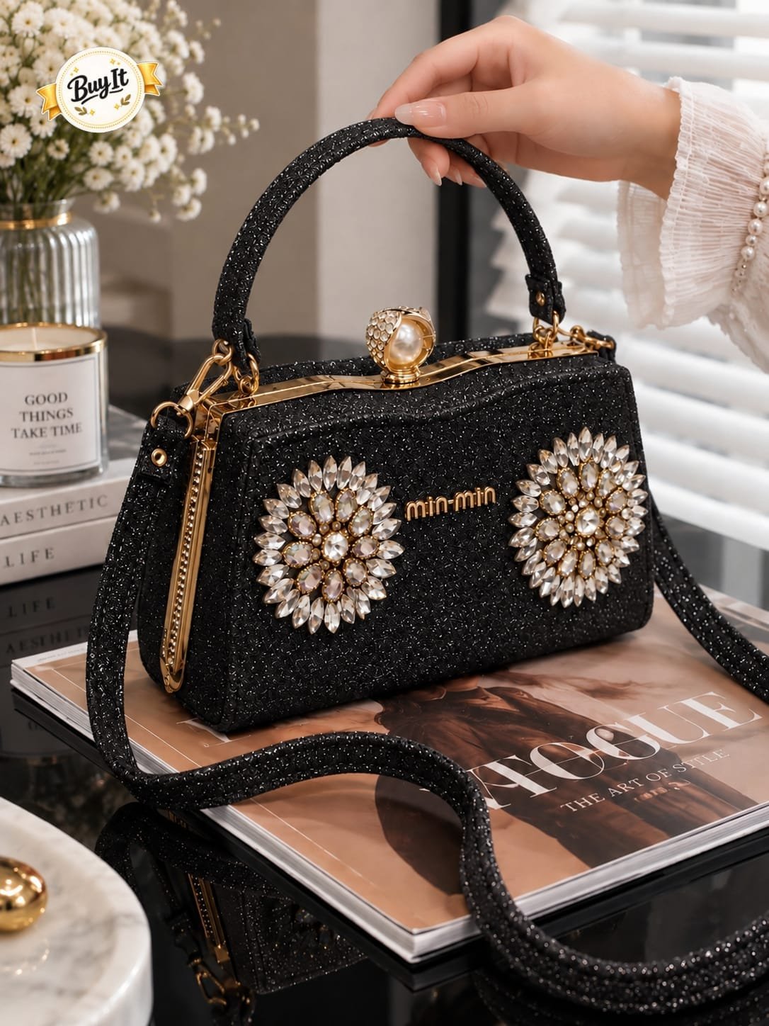 Dual Crystal Sunburst Shimmer Evening Frame Bag