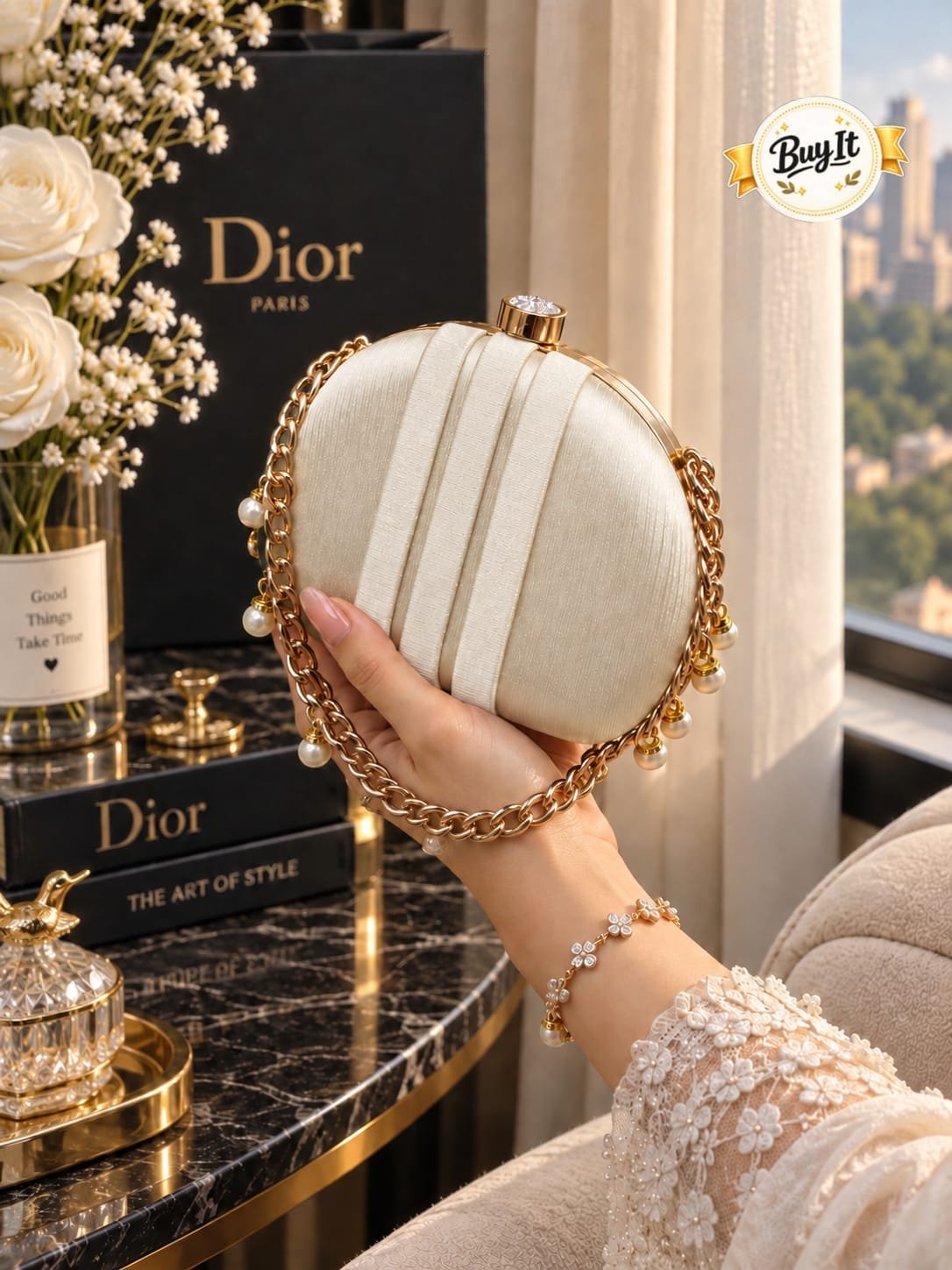 Satin Pleated Pearl Chain Round Evening Clutch