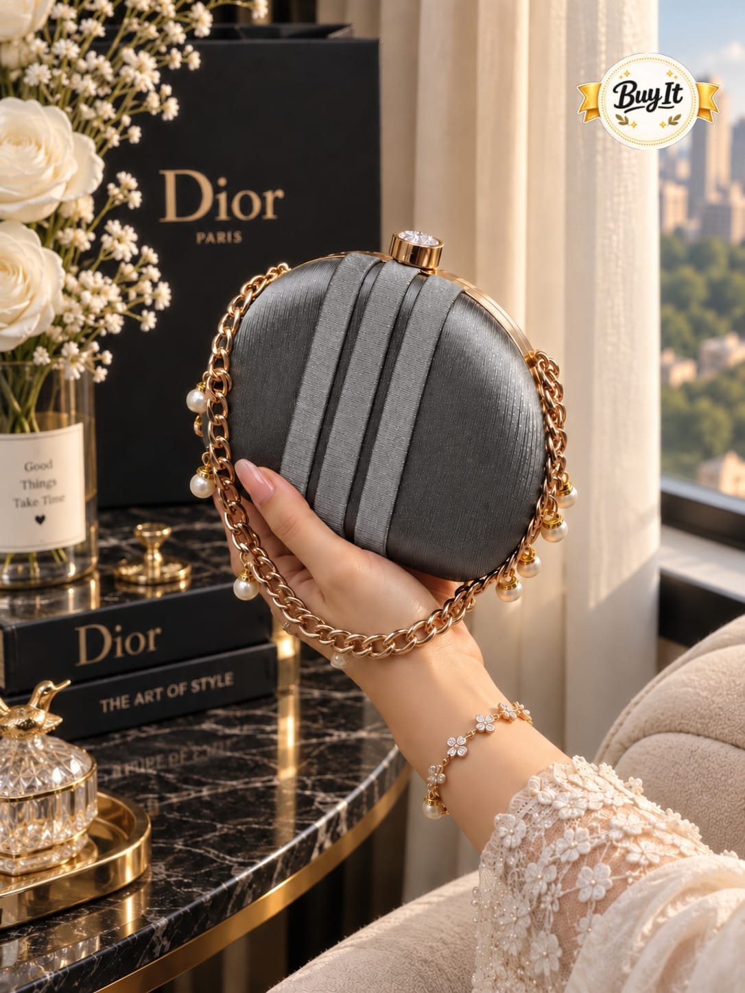 Satin Pleated Pearl Chain Round Evening Clutch