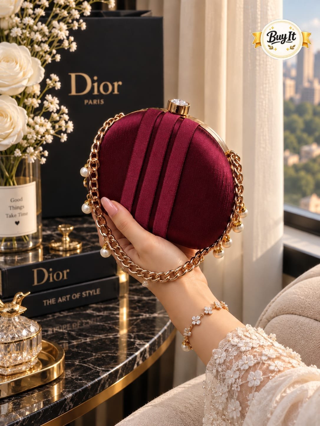 Satin Pleated Pearl Chain Round Evening Clutch