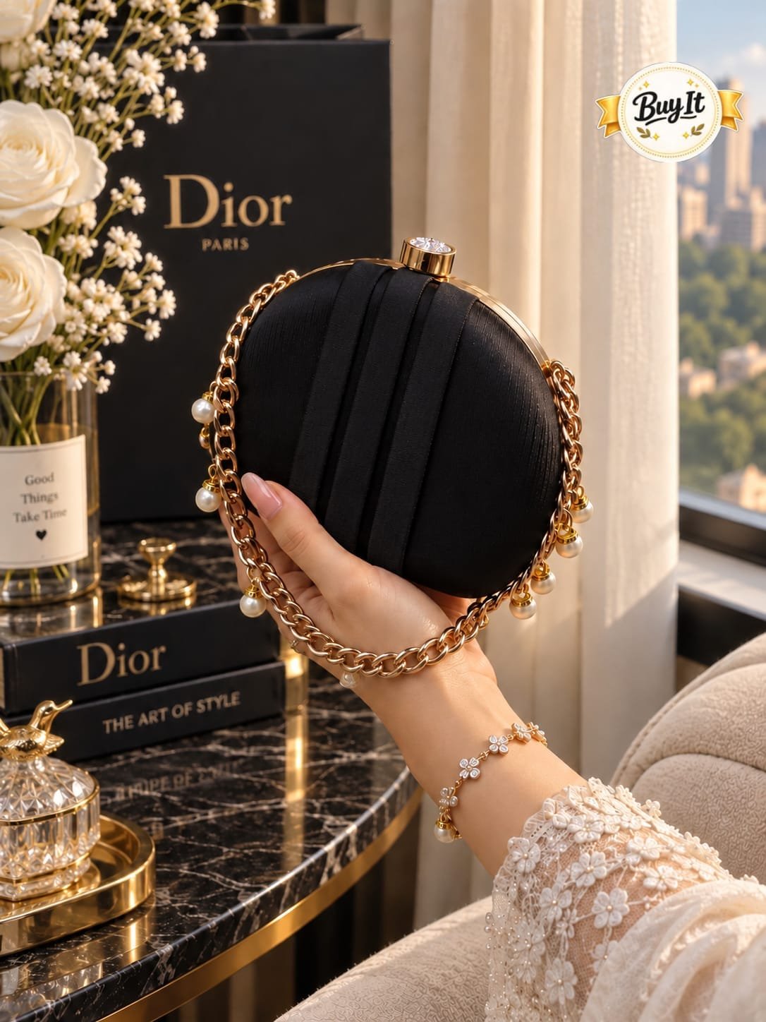 Satin Pleated Pearl Chain Round Evening Clutch