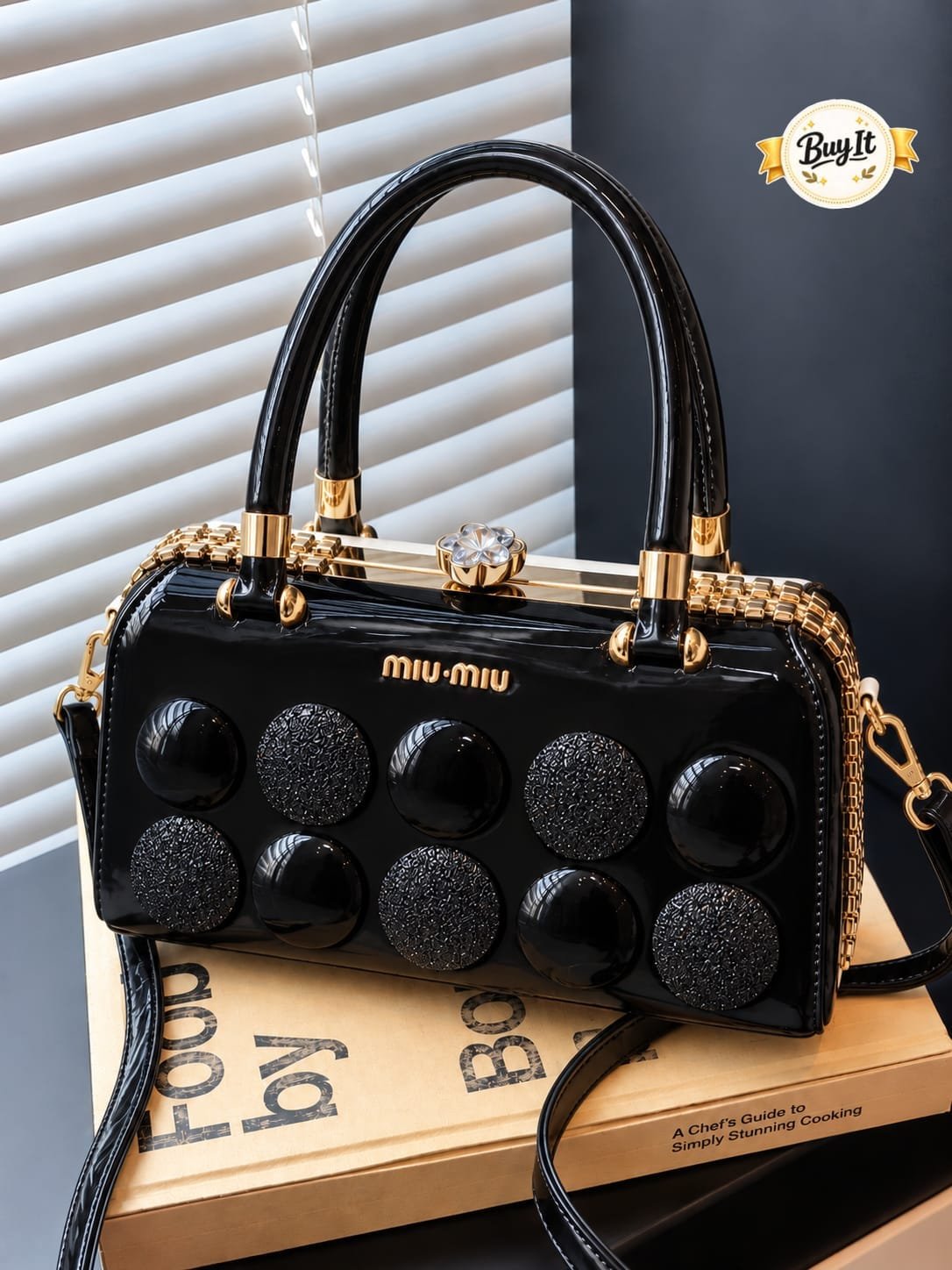 Polka Button Patent Top-Handle Frame Bag