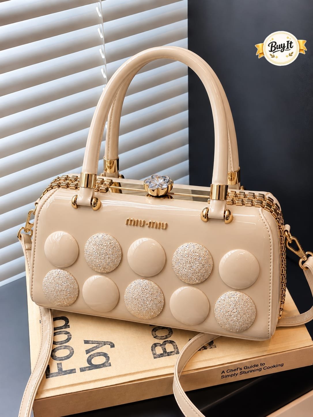 Polka Button Patent Top-Handle Frame Bag