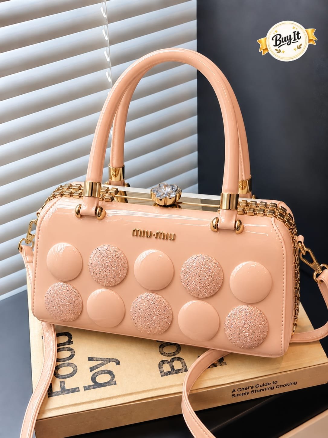 Polka Button Patent Top-Handle Frame Bag