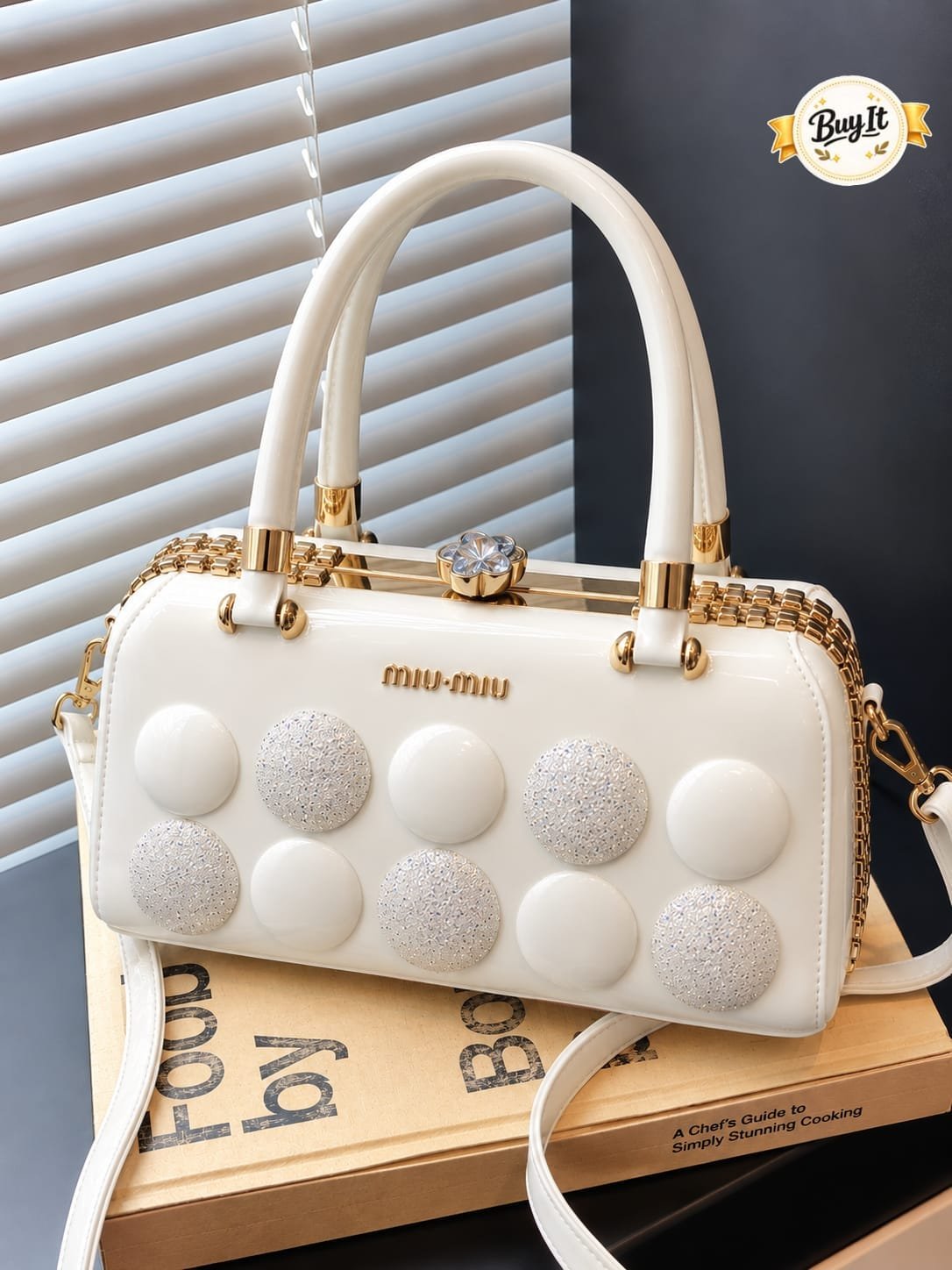 Polka Button Patent Top-Handle Frame Bag