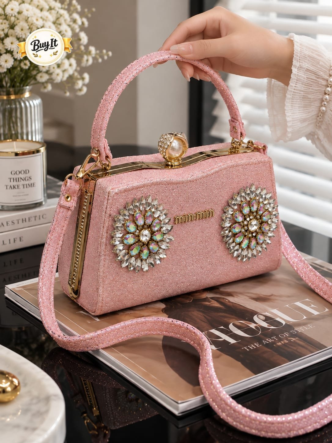 Dual Crystal Sunburst Shimmer Evening Frame Bag