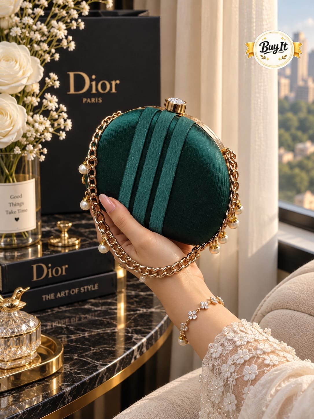 Satin Pleated Pearl Chain Round Evening Clutch