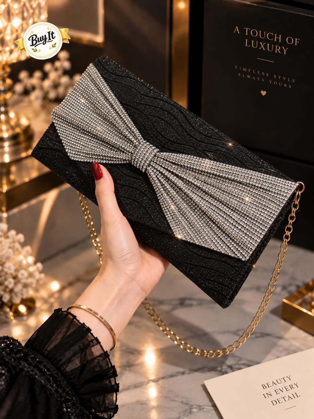 Glamorous Crystal Bow Foldover Party Envelope Bag