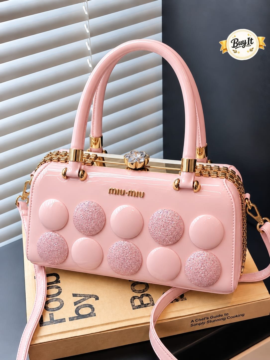 Polka Button Patent Top-Handle Frame Bag
